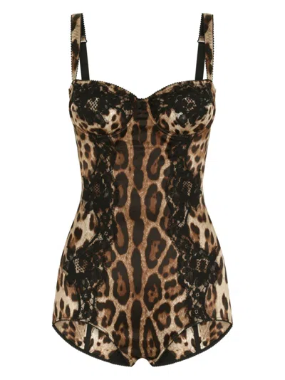 Dolce & Gabbana Silk Balconette Lingerie Bodysuit With Leopard-print Lace Details In Multicolor