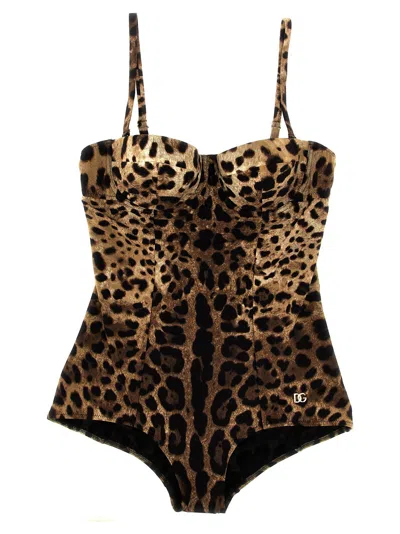 Dolce & Gabbana Leopard Print Balcony Swimsuit In Brown