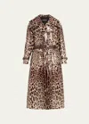 DOLCE & GABBANA LEOPARD-PRINT BELTED SHINY LONG TRENCH COAT