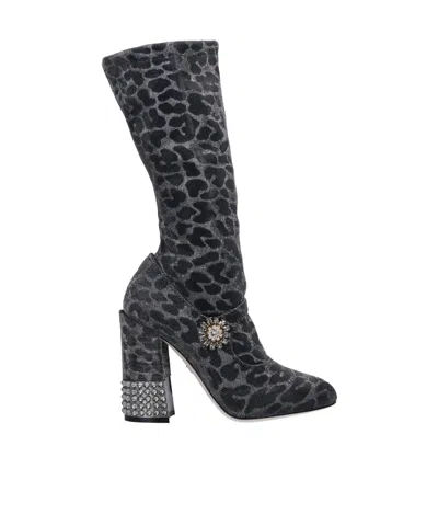Dolce & Gabbana Leopard Print Block Heel Ankle Boots In Multi