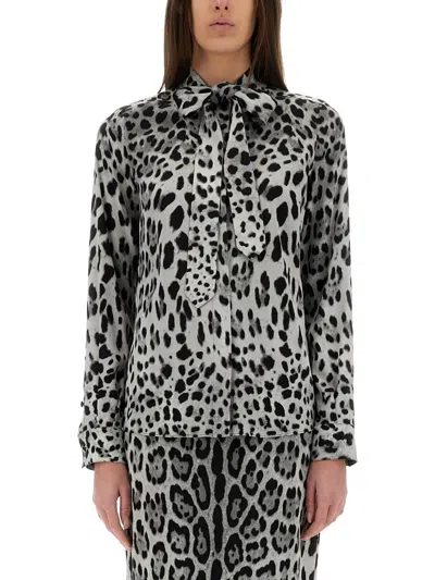 DOLCE & GABBANA DOLCE & GABBANA LEOPARD PRINT BOW CHARMEUSE SHIRT