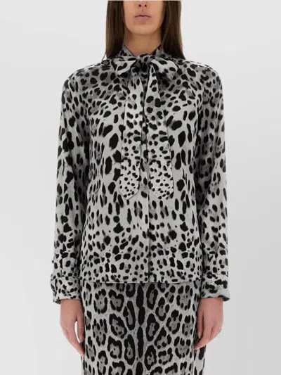 DOLCE & GABBANA LEOPARD PRINT BOW CHARMEUSE SHIRT