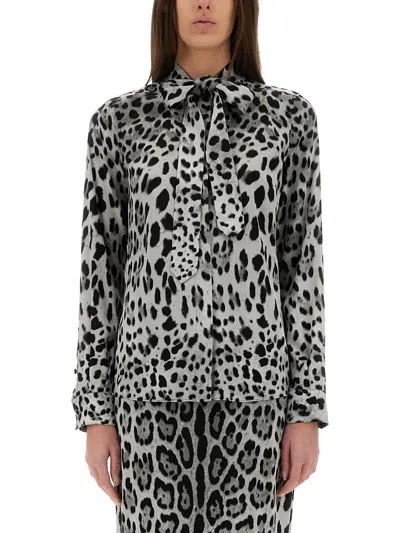 DOLCE & GABBANA LEOPARD PRINT BOW CHARMEUSE SHIRT