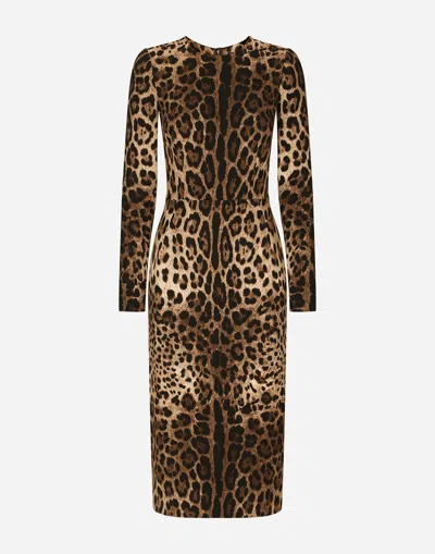 DOLCE & GABBANA LEOPARD-PRINT CADY DRESS WITH LONG SLEEVES