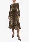 Dolce & Gabbana Leopard Print Long Sleeve Cady Midi Dress In Brown