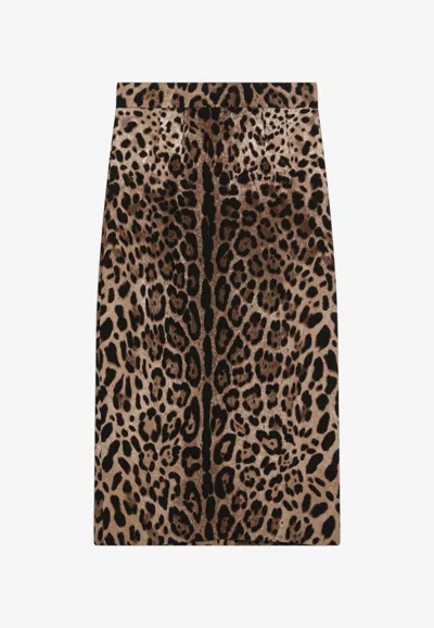 Dolce & Gabbana Leopard Print Cady Midi Skirt In Brown