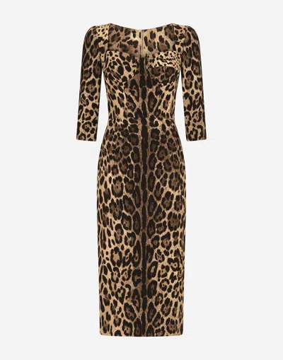 DOLCE & GABBANA LEOPARD-PRINT CALF-LENGTH CADY DRESS