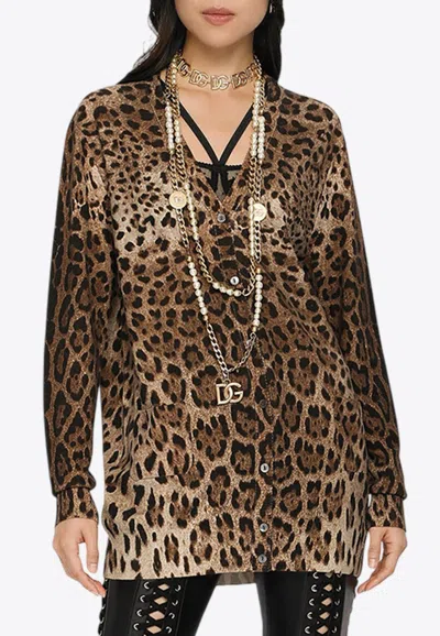 Dolce & Gabbana Leopard Print Cashmere Cardigan In Brown