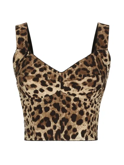 Dolce & Gabbana Printed Stretch Silk Blend Bodice In Brown