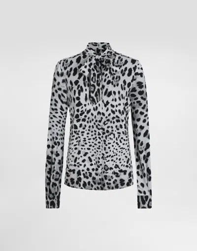 DOLCE & GABBANA LEOPARD-PRINT CHARMEUSE SHIRT WITH PUSSY-BOW