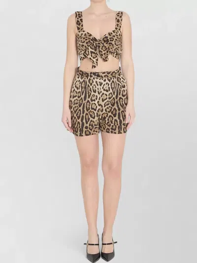 Dolce & Gabbana Leopard Print Cotton Poplin Cropped Top In Brown