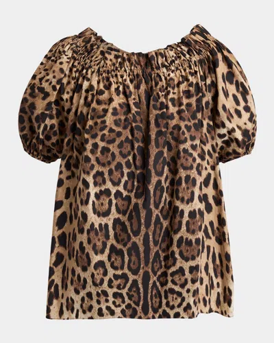 Dolce & Gabbana Leopard-print Cotton Puff-sleeve Blouse In Brown
