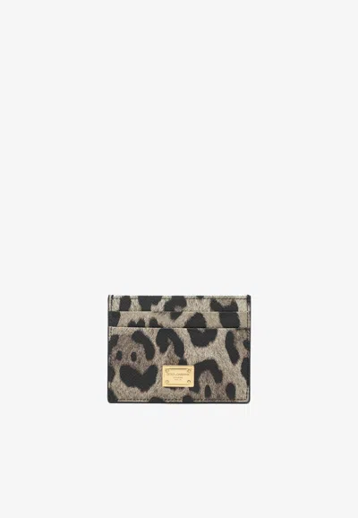 Dolce & Gabbana Leopard Print Dauphine Leather Cardholder In Brown