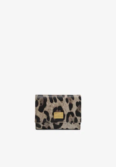 Dolce & Gabbana Leopard Print Dauphine Leather Wallet In Brown
