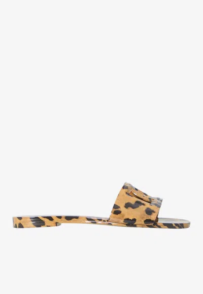 Dolce & Gabbana Leopard Print Dg Logo Rubber Slides In Brown