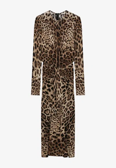 Dolce & Gabbana Leopard Print Draped Midi Dress In Brown