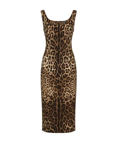 DOLCE & GABBANA DOLCE  GABBANA LEOPARD PRINTED FITTED MIDI DRESS