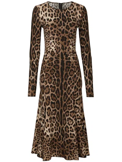 Dolce & Gabbana Leopard Print Flared Hem Dress In Brown
