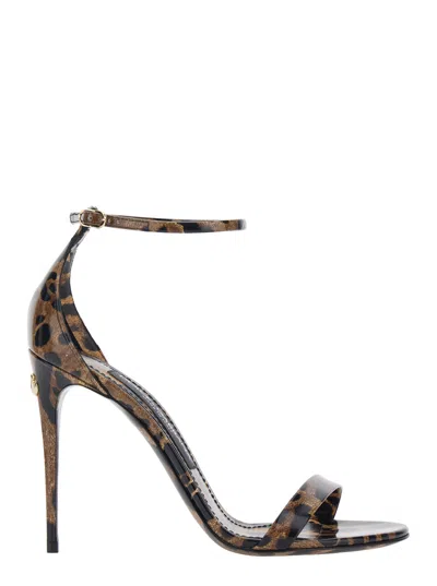Dolce & Gabbana Leopard Print Glossy Leather Heel Sandal In Brown