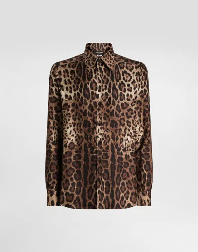 Dolce & Gabbana Leopard-print Gold Twill Shirt In Brown