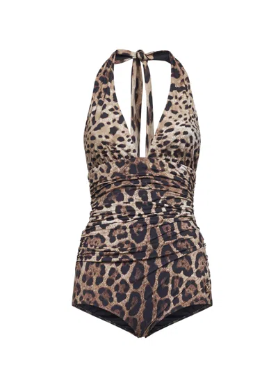 Dolce & Gabbana Leopard Print Halter One-piece Swimsuit In Multi