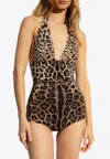 Dolce & Gabbana Leopard-print Halterneck Swimsuit In Brown
