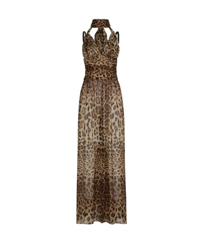 Dolce & Gabbana Leopard-print Halterneck Silk Gown In Brown