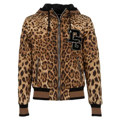 Pre-owned Dolce & Gabbana Leopard Print Hooded Bomber Jacket With Logo Brown Black 11164