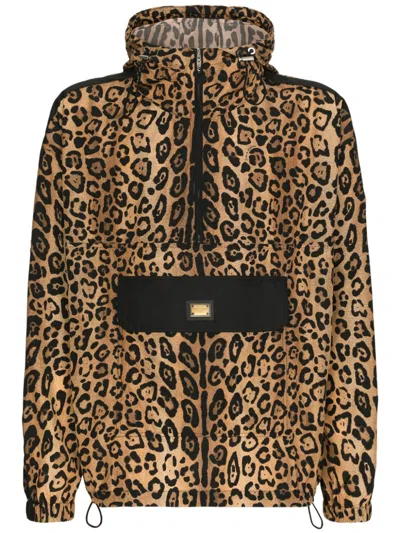 Dolce & Gabbana Leopard-print Hooded Jacket In Brown