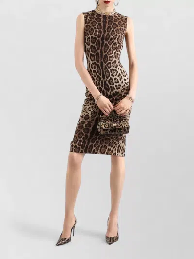 Dolce & Gabbana Leopard Print Knee Length Bodycon Dress In Brown