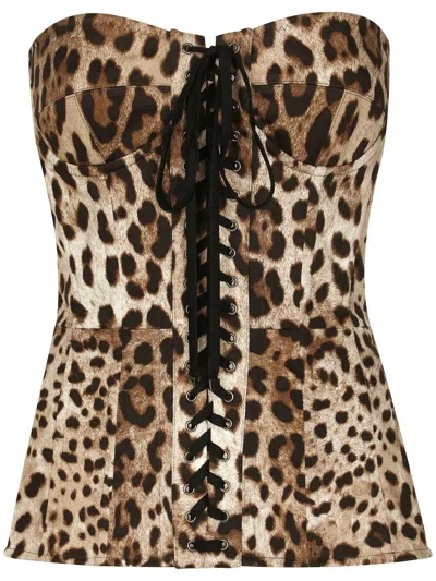 Dolce & Gabbana Cropped Lace-up Leopard-print Cotton-blend Twill Bustier Top In Leo New