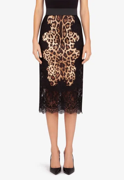 Dolce & Gabbana Leopard Print Laced Satin Midi Skirt In Black