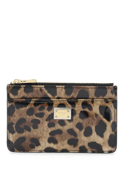 Dolce & Gabbana Large Polished Calfskin Card Holder With Zipper And Leopard Print In Mixed Colours