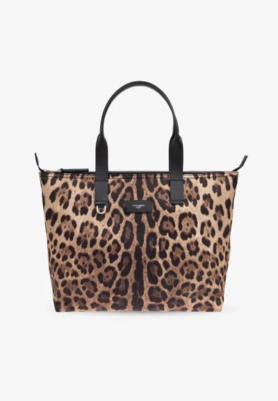 Dolce & Gabbana Leopard Print Leather Tote Bag In Brown