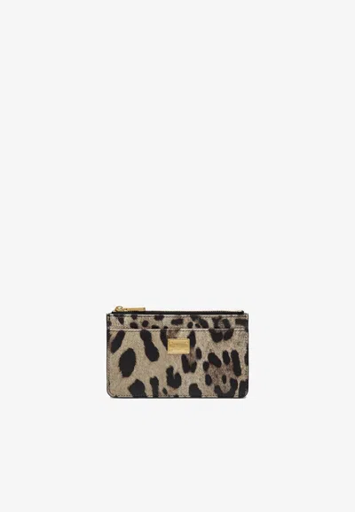 Dolce & Gabbana Leopard Print Leather Zip Cardholder In Brown