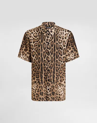 Dolce & Gabbana Leopard-print Linen Shirt In Brown