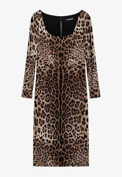 Dolce & Gabbana Leopard Print Long-sleeved Dress In Brown