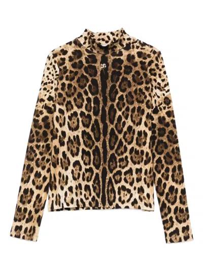 Dolce & Gabbana Kids' Leopard-print Mock-neck Sweater In Brown