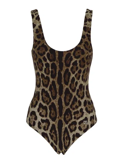 Dolce & Gabbana Leopard Print One-piece Swimsuit In Brown