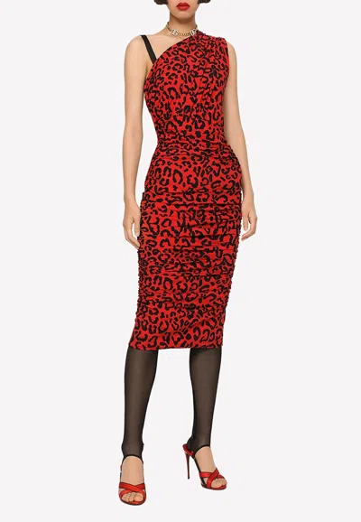 Dolce & Gabbana Leopard-print Ruched One-shoulder Midi Dress In Nero