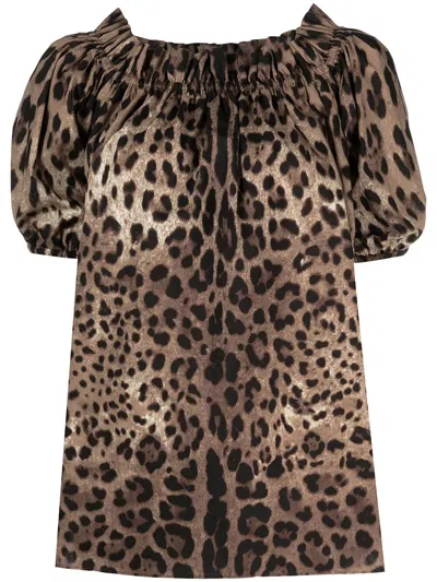 Dolce & Gabbana Leopard Print Poplin Short-sleeved Top In Brown