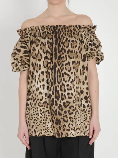 Dolce & Gabbana Short Sleeve Top In Poplin Leopard Print Clothing In Brown