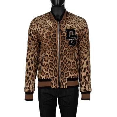 Pre-owned Dolce & Gabbana Leopard Print Quilted Bomber Jacket Dg Logo Brown Black 09026