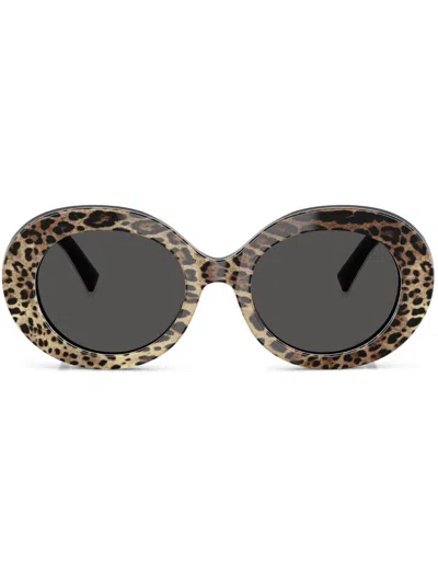 Dolce & Gabbana Leopard-print Round-frame Sunglasses In Dark Grey
