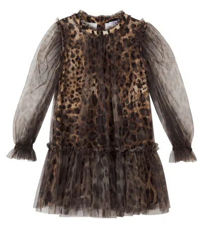Dolce & Gabbana Kids' Leopard-print Ruffled Tulle Dress In Brown