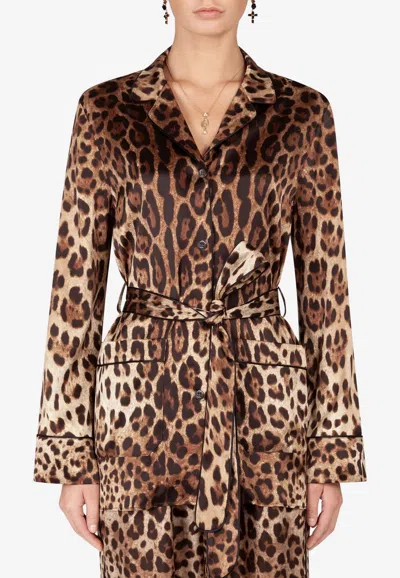 Dolce & Gabbana Leopard Print Satin Belted Shirt In Brown