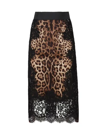 Dolce & Gabbana Leopard Print Satin Midi Skirt With Lace Inserts In Brown