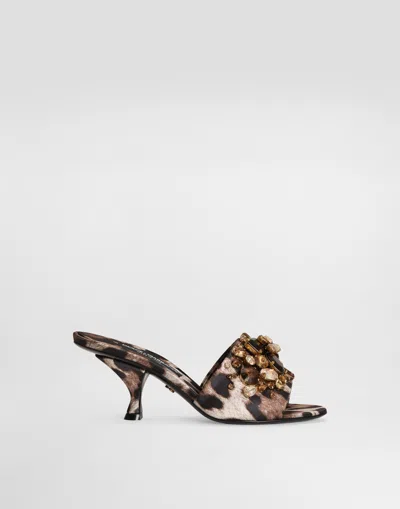 Dolce & Gabbana Leopard-print Satin Mules With Embellishments In Animal Print