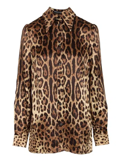 Dolce & Gabbana Leopard Print Satin Shirt Shirts Animalier In Brown