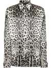 Dolce & Gabbana Grey Shirt With Leopard Print All-over And Logo Lettering In Silk Man In Grau